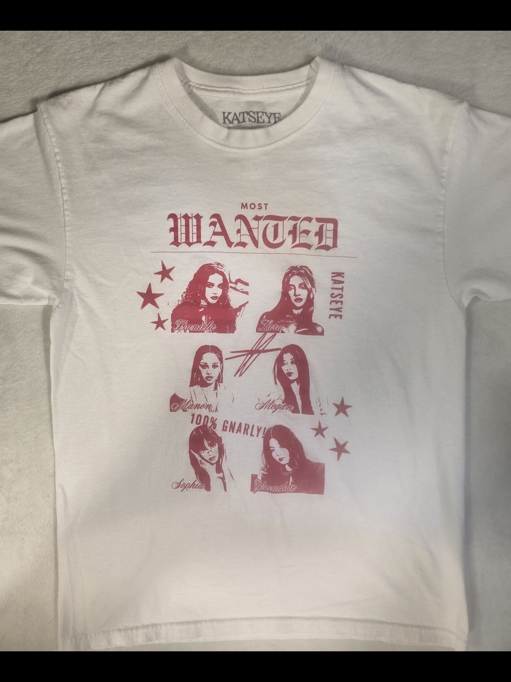 Katseye  White Tee with Red 'Most Wanted' Graphic LIKE NEW  but A Small hole Pin